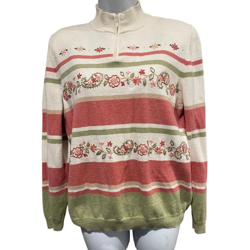 Vintage Alfred Dunner‎ Sweater Top Womens M Beaded Floral 1/4 Zip Grandmacore